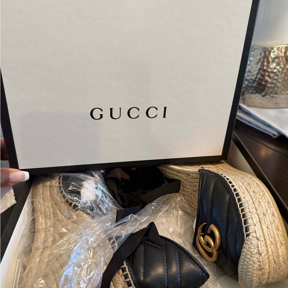 Gucci Black Espadrille Flats with Gold Detail
